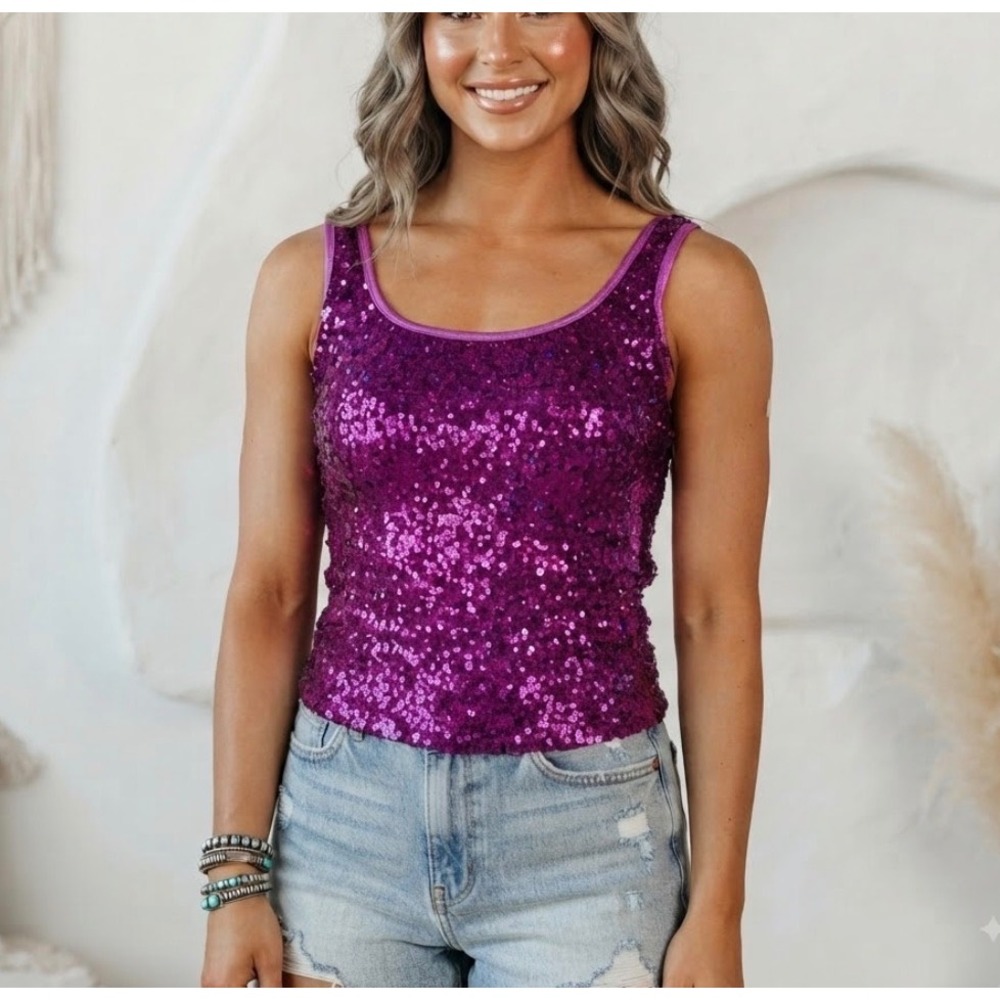 Natalie Dancewear Vintage Sequin Tank Top Magenta Purple NF8457 Womens Small NEW